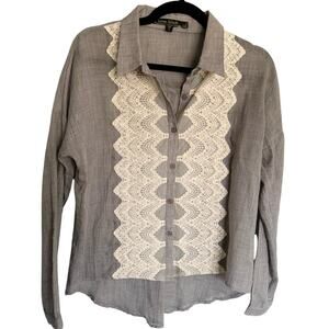 Love Stitch, Size Small, Blue Chambray Button Up Blouse, Lace, Boho, Lightweight